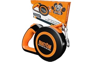 Mighty Paw Retractable Dog Lead 2.0 | 5 m Heavy Duty Reflective Extendable Dog Lead For Pets Up To 22 kg. Tangle Free Design W/One Touch Quick-Lock Braking System & Anti-Slip Handle. (Orange/Lite)