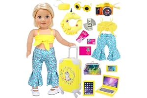 EBUDDY 25pc Yellow 18 inch Age 3+ Dolls Travel Suitcase Play Set Doll Clothes and Accessories Include Luggage Camera Computer Glasses Pillow etc (No Doll)