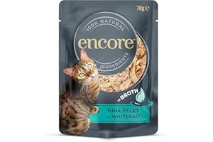 Encore 100% Natural Wet Cat Food Pouch, Tuna Fillet with Whitebait/Anchovy in Broth 70g Pouch (16 x 70g Pouches) (Packaging May Vary)