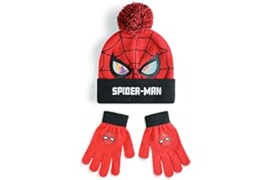 Marvel Spiderman Boys Beanie Hat & Gloves Set | Red & Black Knitted Winter Hat with Spiderman Eyes & Web | Kids One Size Pom Pom Hat with Heat Transfer Print Gloves | Superhero Movie Merchandise Gift
