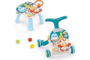 GALPAT BABY Correpasillos Bebé, Andador Bebé + Mesa de actividades - 2 en 1 - Tablero Extraíble - Ruedas con bloqueo - Mango regulable a 2 alturas - Contiene instrumento musical y juguetes, 12M+ (AZUL)