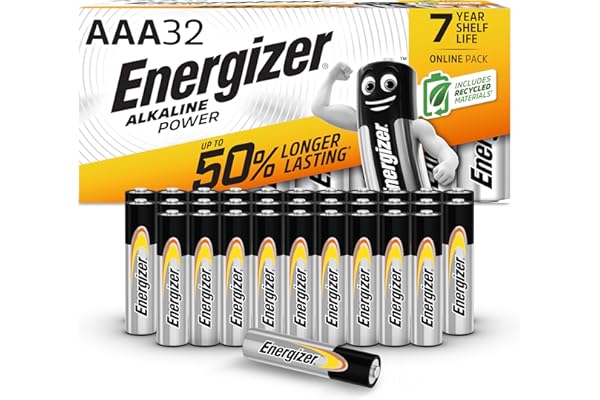 Energizer Alkaline Power - Pilas AAA (Paquete de 32) - 1,5V Baterías Alcalinas - para Aparatos Domésticos y Electrónicos - Embalaje 100% reciclable - 7 años de Vida útil [Exclusivo en Amazon]