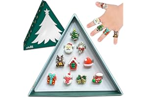 STAR PRINCESS Christmas Stocking Stuffers Jewel Rings for Kids, Set of 10 Christmas-Themed Adjustable Holiday Dress Up Rings for Girls in Christmas Tree Gift Box, Gift for Girls Age 3 4 5 6 7 8,