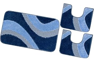 emmevi Tappeto Bagno Parure Set 3 Pezzi Morbido Shaggy Antiscivolo Lavabile mod.EVIA SET 3 PEZZI BLU