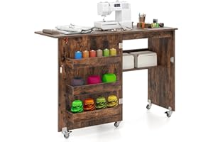 LIFEZEAL Mueble para máquina de Coser, Mesa Plegable de Costura, Armario de Madera con 3 bastidores, Escritorio móvil con 5 Ruedas, para hogar, Oficina (Marrón, 117 x 40 x 77 cm)