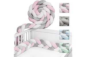 JAKOR® Yoki - Bettschlange in 2 oder 3 Meter - geprüfte ÖKO TEX Qualität - Bettschlange geflochten inkl. Wäschenetz - Babybettumrandung - Bettumrandung Babybett – 300x12x8cm - Rosa/Weiß/Grau