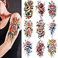 9 Sheets Flowers Temporary Tattoo Stickers - Watercolour Roses Snake Design, Long Lasting Floral, Makeup Body Art Waterproof Fake Tattoos for Women Men Girls Half Arm