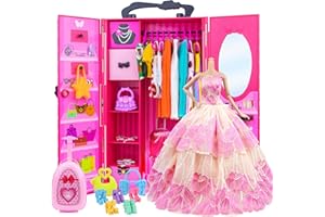 ZITA ELEMENT Lot 101 =1 Closet Wardrobe+1 Suitcase+2 Casual Clothes + 2 Gowns + 2 Swimsuits + 3 Mini Dresses + 10 Necklaces + 10 Shoes + 10 Bags + 10 Hangers + 50 Accessories for 11.5 Inch Girl Doll