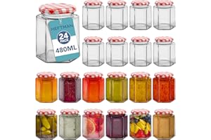 HEFTMAN Small Glass Jars with Lids - 24 Pack Airtight 480ml Jam Jars with Red Gingham Lids for Use as Pickling Jars, Glass Jars for Candle Making, Preserving Jars - Hexagonal Small Jars (Empty)