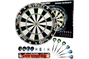 SEYDREY Dart Board - Juego de dardos de acero con 6 dardos de punta de acero de 20 g, 12 vuelos de anillo de números giratorios + instrucciones de instalación de línea de lanzamiento de Bullseye sin grapas