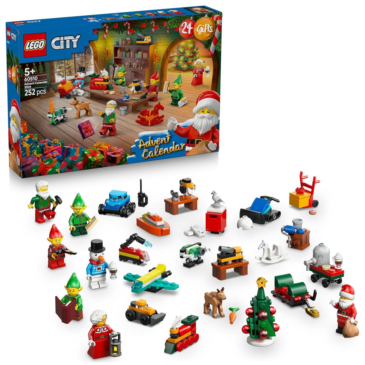 LEGO City Adventskalender 2026 - Werkplaats van de Kerstman Speelgoed voor Kinderen met Kerstfiguren van Kerstvrouw, 3 Elfen, Sneeuwpop en Meer - Cadeau voor Meisjes en Jongens vanaf 5 Jaar - 60510