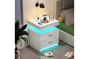 HAODACULTURE Mesita de noche con 2 cajones y 16 colores LED RGB,Mesita de Noche con Estación Carga Mesita Noche con Enchufe y Puerto USB mesa auxiliar blanca brillante y mate para dormitorio (1, Blanco)