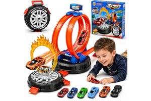 Solspark Bilbana-set, racerbana barn med 6 metallbilar, motorväg med dubbla loopingar barn 3 år, 360° cirkulär och dubbel racing, bärbar racerbana leksak från 3 år