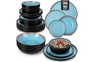 vancasso AMBER Service de Table 6 Personnes, Set Vaisselle 24 Pièces en Grès - Assiettes Plates, Assiettes à Dessert, Bols à Pâtes et Bols - Adapté au Micro-Ondes - Glaçure Bleu