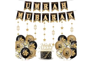 Tasoraor Umrah Mubarak Deko Set - Hajj Dekoration Schwarz Gold Luftballons Banner und Tortendeko, Glitzer Lange Girlande für Muslim Party Islamische Festival Dekorations