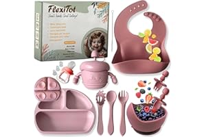 FLEXITOT Vajilla Para Bebe de Silicona - Vajilla Niños | Baby Tableware, Blw Utensilios, Plato Ventosa Bebe, Vaso Aprendizaje Bebe 6 Meses Precucharas Bebe Blw Cucharas Bebe Aprendizaje, Blw Bebe, Color Rosa