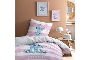 CTI Disney Stitch Stripe Parure de Lit Enfant | 100% Coton | OEKO-TEX | Housse de couette 140x200cm + Taie d'oreiller 63x63cm | Imprimé Fille | Rose, Blanc