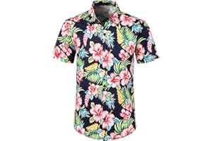 JOGAL Herren Blumen Kurzarm Knopfleiste Baumwolle Hawaii Hemd