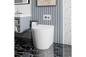 ROBANMOA Rimless BTW Back to Wall Toilet and Concealed Cistern Round Short Projection Compact Toilet White Ceramic WC Pan Slim Soft Close Seat Modern Eco Flush Bathrooms Toilets