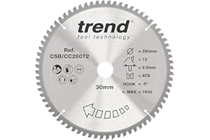 Trend Wood Mitre Saw Blade, 260mm Diameter, 30mm Bore, 72 Teeth, 2.5mm Kerf, -5° Hook, TCT, Extra-Fine Finish, CSB/CC26072