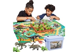 BUYGER Dinozaur zabawka z matą do gry, pudełko realistycznych figurek dinozaurów, prezent edukacyjny dla dzieci w wieku 3, 4, 5 lat, 58 sztuk