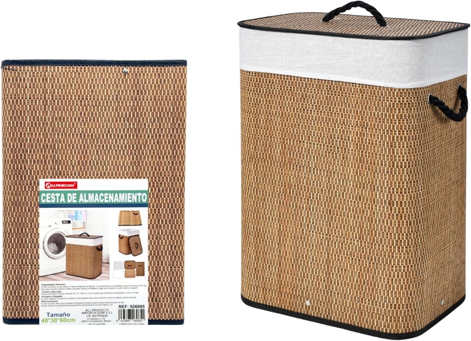 Weida Cesto de la Ropa Sucia de Bambú | Con Tapa y Asas Plegable | Bolsa Extraíble y Lavable | Diseño Natural | Para baño o Dormitorio | Color Marrón Oscuro Bambú (60cm-40cm-30cm Rectangular)