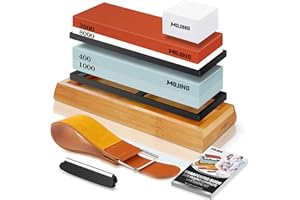 MOJINO Kit de Pierre à Aiguiser, Ensemble Aiguiseur de Couteau Professionel 400/1000 3000/8000, Pierres à Affûter avec Base en Bambou Antidérapante, Pierre à Aplatir, Guide d'Angle et Lanière en Cuir