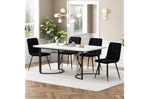 Ctastay Esstisch-Set mit 4 Stühlen 140x80 cm, Essgruppe mit 4 Stühlen aus Samt, Küchen-Esstisch für Zuhause & Familie, Schwarz Metall Tischbeine + 4 Schwarz Stühlen