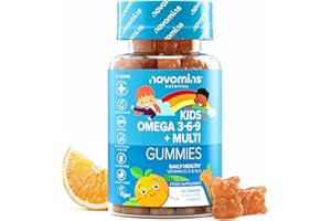 Gommes Omega 3 6 9 Enfants – Vitamines D & E + ALA Huile de Périlla – Croissance, Os, Immunité – Vegan, Sans Poisson, Sans Gélatine – 30 Gommes Pour Enfants Dès 3 Ans – Novomins