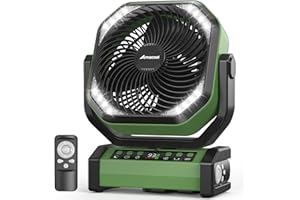 AMACOOL Camping Fan with Light, 20000mAh Rechargeable Battery Operated Fan, 112H Max Cooling Time, 8 Speeds, Digital Display, Remote Control, 270°Pivot with Hook for Tent Car RV Power Outage (Army Green)