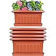 Livzing 16 Inch Plastic Rectangle Window Flower Pot with Drain Tray Set - Heavy Duty Highly Durable Plant Container Gamla for Indoor Home Decor & Outdoor Balcony Garden (Pack of 5, Terracotta)