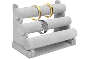 Kurtzy Présentoir à 3 Niveaux en Velours Gris - L30 x l17 x H23cm - Porte Bracelet avec Barres Amovibles - Support pour Montres, Bracelets, Chouchous, Bandeaux, Colliers et Bracelets de Cheville