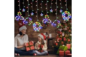 LOLStar Christmas Window Lights, 180 LED Multicolor Hanging Christmas Party Decorations, Hat Wreath and Holly Berry, Indoor String Lights Connectable 8 Flashing Modes Curtain Lights for New Year