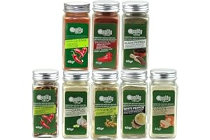 QUALITY FOOD QF SPAIN Pack d'épices. Piquant. Idéal pour cadeaux et l'usage quotidien. 8 bocaux en verre, réutilisables. Poivre noir et blanc moulu, cayenne entière et en flocons, paprika fort, gingembre, ail et oignon