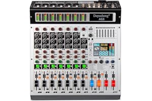 Depusheng AG8 Professional dj mixer 8 channel 99 DSP Echo audio sound mixer with MP3 USB Bluetooth 48V phantom power grouping and 2 AUX interfaces for Recording DJ Stage Karaoke Music Application