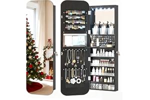 Vlsrka Ovale Specchio portagioie da parete, LED Porta/Parete Armadietto portagioie, Armadio portagioie con Specchio e Luci, Specchiera portagioi con Serratura, Gancio ad altezza regolabile, Nero