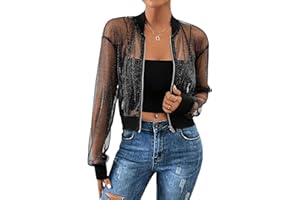 GORGLITTER Siateczkowa kurtka damska przezroczysta kurtka z zamkiem błyskawicznym, przezroczysta tkanina siatkowa, lekka kurtka brokatowa