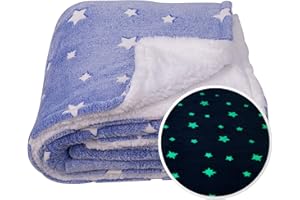 SOCHOW Glow in The Dark Sherpa koc polarowy narzuta, wzór w gwiazdki, dwustronny, super miękki, luksusowy pluszowy koc dla dzieci, 127 x 150 cm, niebieski