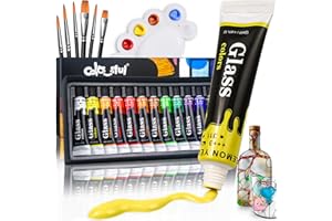Colorful Acrylic Glass Paint Set with 6 Brushes, 1 Palette, 12 Colors Stain Glass Paints for Wine Glass, Waterproof Acrylic Enamel Paint Kit to Create Translucent Arts on Porcelain, Window & Ceramic