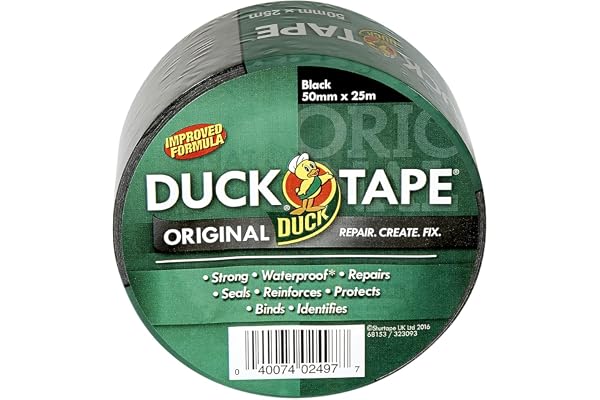 Duck Tape Original Ruban adhésif imperméable formule améliorée et haute résistance pour réparation de conduit ou canalisation Noir 50 mm x 25 m