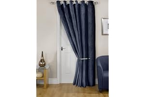 Emma Barclay Midnight - Embossed Velvet Woven Thermal Eyelet Door Curtain (Navy, Width 46" x 84"Drop (137x213cm))