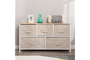 SogesPower Cajón de Almacenamiento, Cómoda Ancha de Tela de 5 Cajones, Parte Superior de Madera y Marco de Metal, 100x29x55cm, Armario para Dormitorio, Sala de Estar, Cuarto de Bebé, Pasillo, Beige
