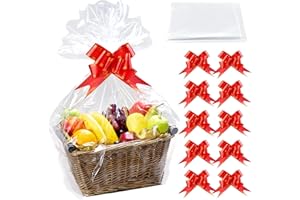 Lot de 10 rouleaux de papier cadeau transparent Vegena - 70 x 100 cm - Grand sac en cellophane avec 10 nœuds de traction pour paniers cadeaux, fleurs, artisanat, panier de bricolage