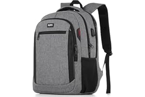RJEU Sac à dos pour ordinateur portable de voyage, d'école avec port de charge USB pour homme, femme, garçon, fille, gris, 15.6 inch