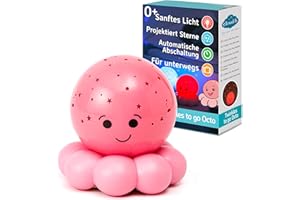 Cloud b Twinkles To Go | Tragbarer Nachtlicht-Projektor für Kinder | Sternenhimmel & Blasenfisch | 3 Farben & Farbwechsel | 45-Minuten Abschaltung | Sanftes LED-Licht | Octo Baby Pink