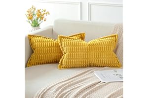 Artscope Mustard Yellow Cushion Covers Set of 2 Corduroy Decorative Square Striped Pillowcase with Stitched Edge Pillow Covers 30x50cm for Home Decor Sofa Bedroom Car