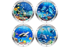 TJYAEKLTD Vinilo decorativo 3D mundo submarino 4 adhesivos de pared 3D con diseño de ojo de buey, diseño de ojo de buey (tortuga, plata)