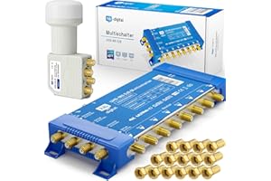 HB-Digital Set: Quattro LNB Weiß (Im Test: SEHR GUT) + Multischalter pmse 5/8 1x Satellit und bis zu 8X Teilnehmer/Receiver für Full HDTV 3D 4K UHD mit Netzteil + 24 Vergoldete F-Stecker