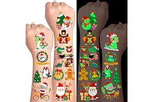 AIRNOGO Tatuaggi Natale Bambini 35 Fogli 350+ Design Carini, Tatuaggi Temporanei Luminosi per Bambino e Bambina Comprendono Babbo Natale Alberi Ghirlanda Renna Slitta Campanelle ecc, Regali Natale Bambini