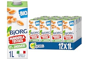 BJORG Bevanda di Mandorla Tostata Biologica 0% Zuccheri, Bevanda Vegetale a Basso Contenuto di Grassi, Ottimale per Tè e Cappuccino, Senza Glutine, Vegan, Prodotto in Italia, 12 Confezioni da 1 L